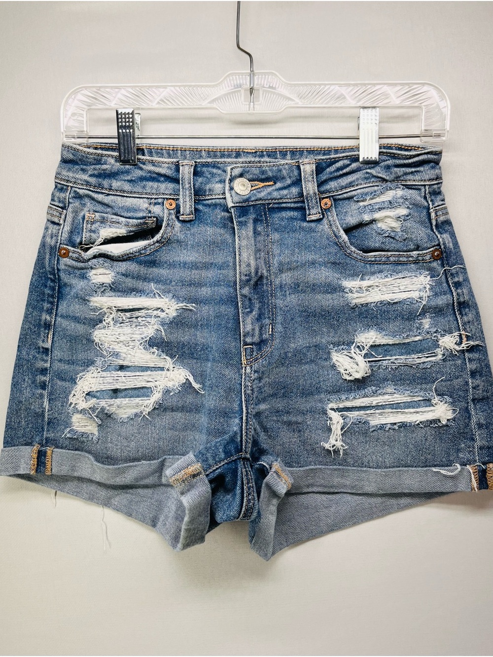 American Eagle Outfitters Distressed Rolled Hem Mom Denim Shorts - Blue